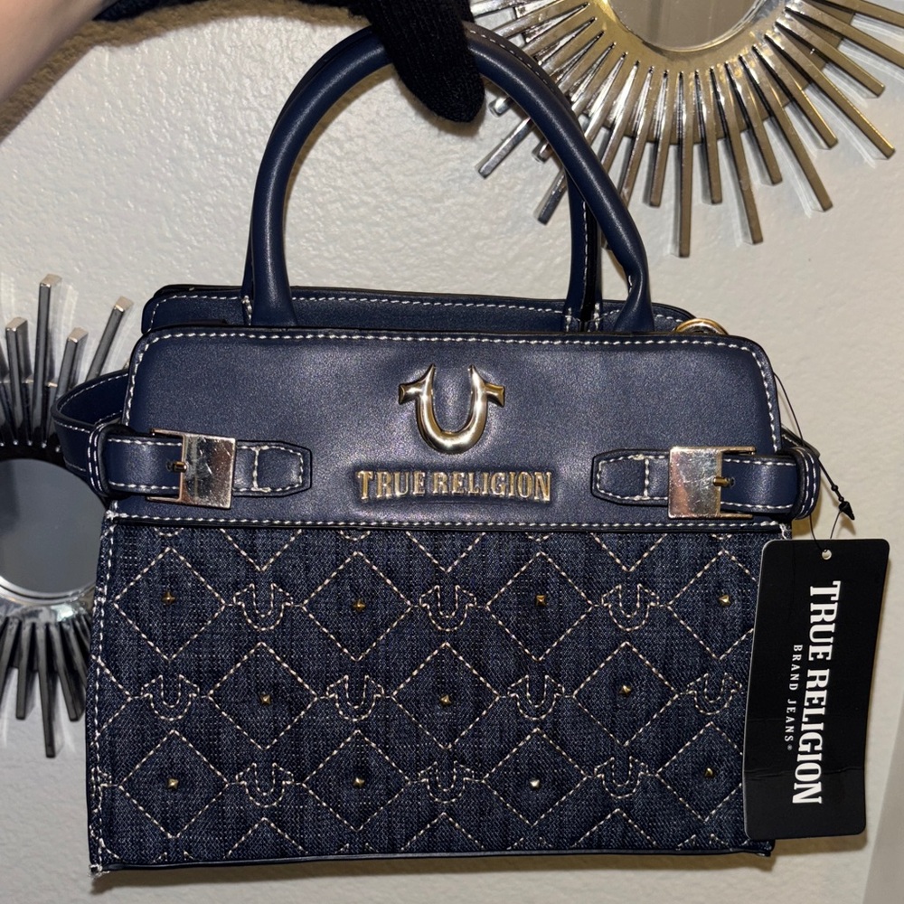 True Religion dark blue and Gold silver Satchel